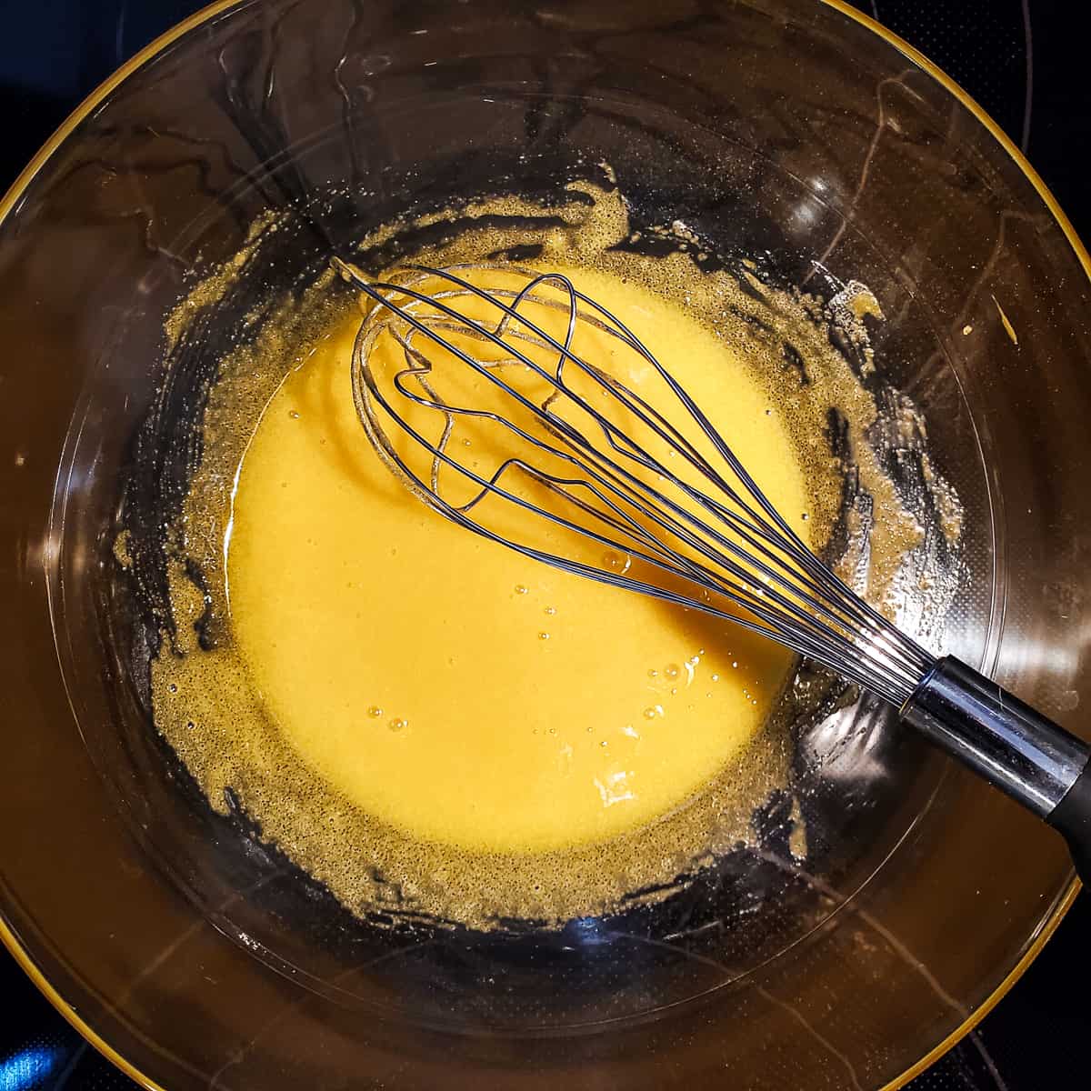 Chocolate custard eggs and sugar mixed