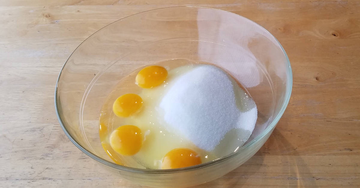 Cream Cheese Brownies eggs and sugar in bowl