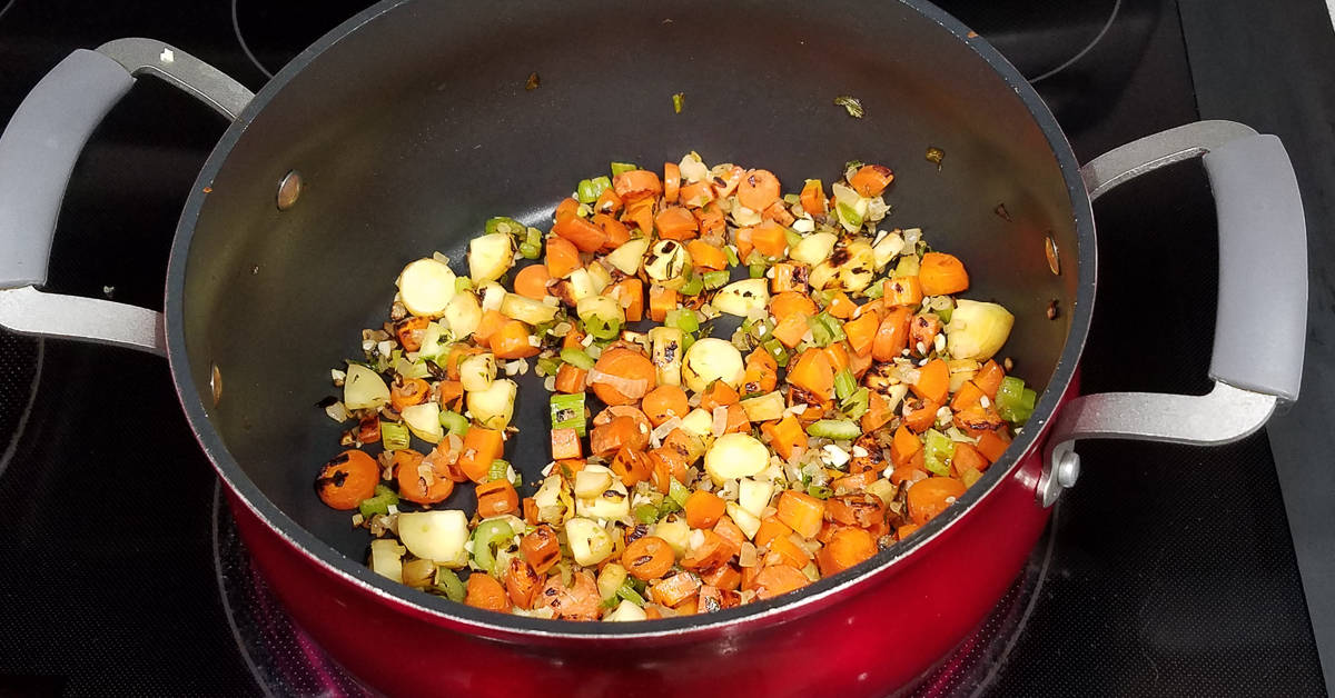 Kielbasa and Vegetable Soup browned vegetables