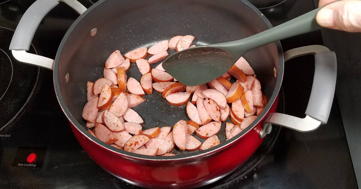 Kielbasa and Vegetable Soup sauteing kielbasa