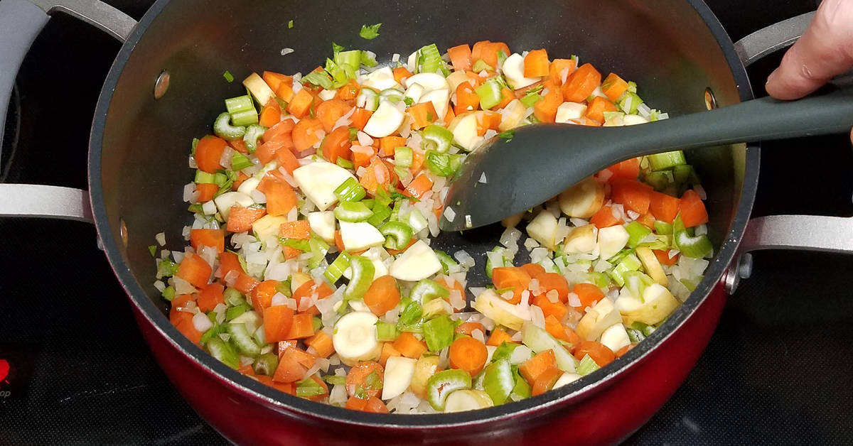 Kielbasa and Vegetable Soup sauting vegetables