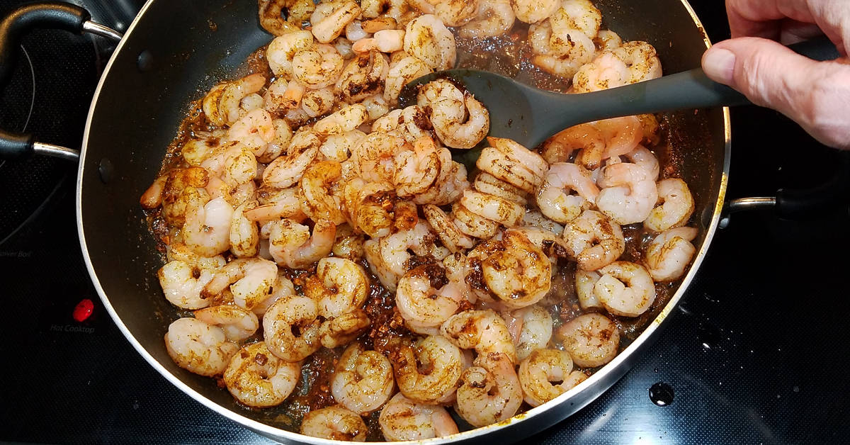 Moroccan Spiced Shrimp Fettuccine sauteing shrimp