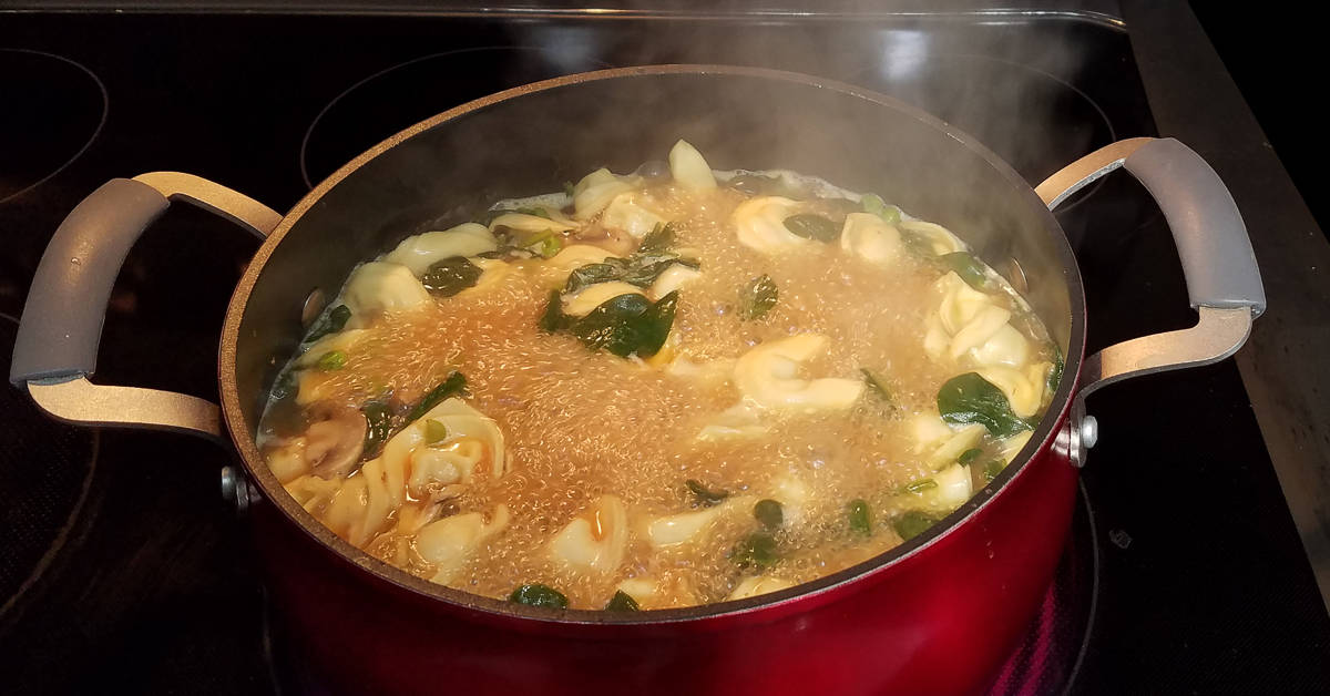 Tortellini Soup steaming hot and ready to serve
