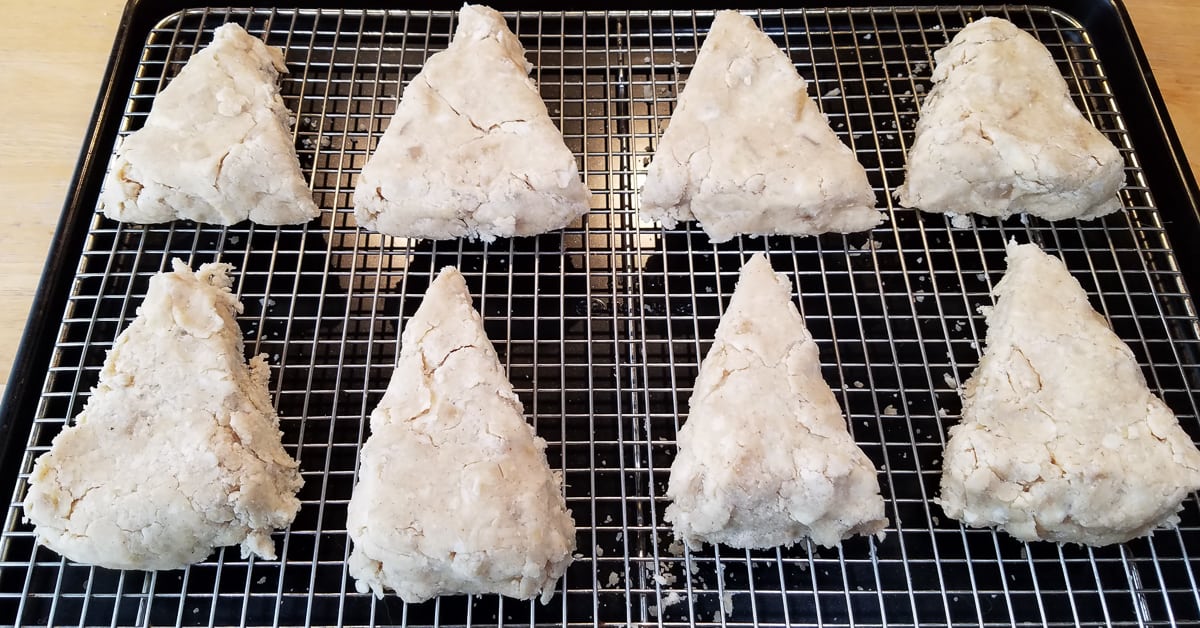 Triple Ginger Scones dough wedges on a baking rack