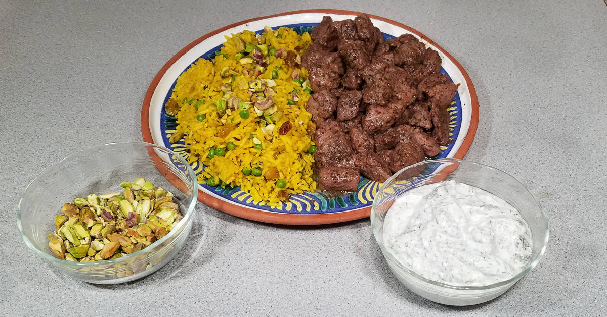 Lamb Tibs served with rice pilaf
