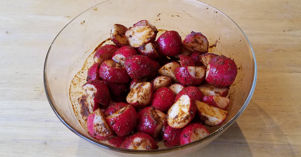 Roasted Chile Spiced Radishes ingredients mixed