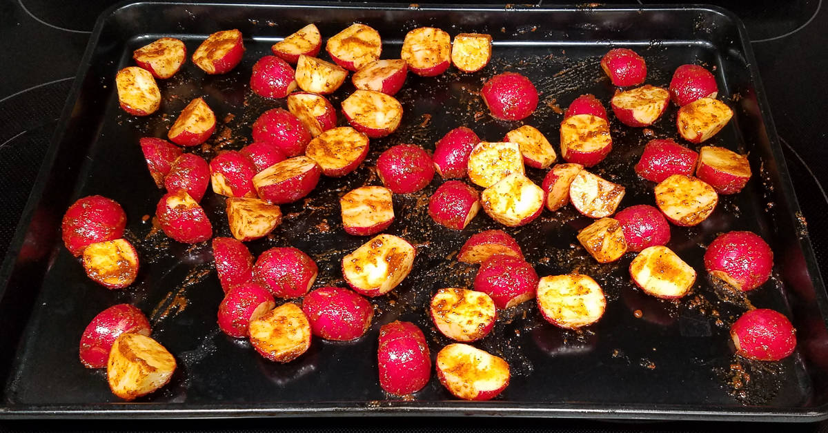Roasted Chile Spiced Radishes on baking sheet