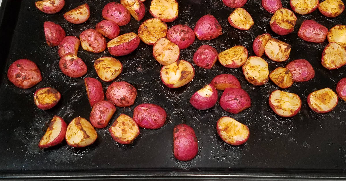Roasted Chile Spiced Radishes out of the oven