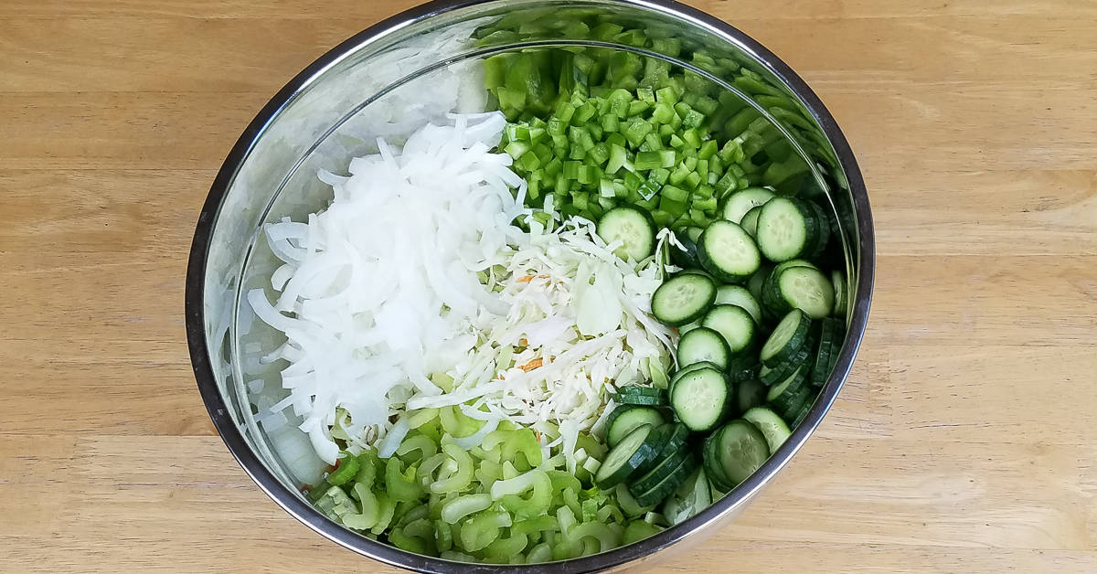 Macaroni and Cole Slaw Salad chopped vegetables