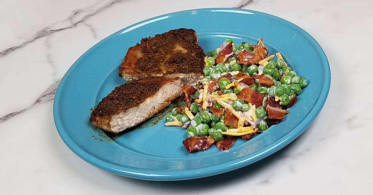 Pea Salad With Bacon served with Spice Rubbed Pork Chops