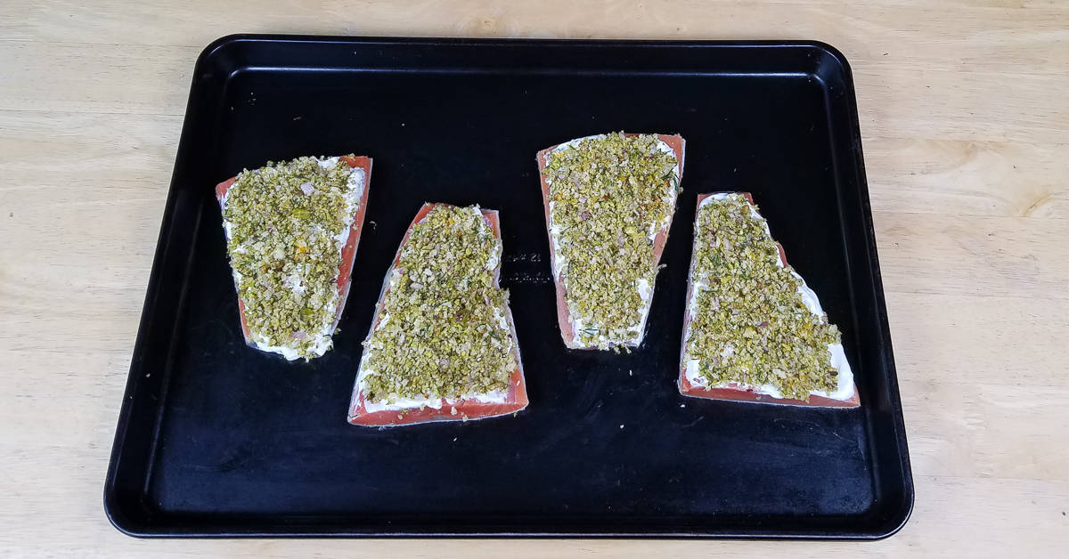 Salmon with Pistachio and Horseradish Crust fillets with coating