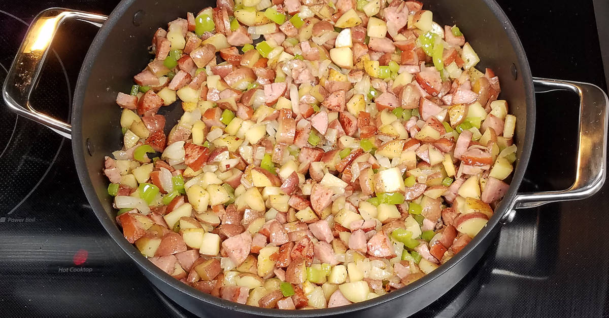 Kielbasa and Corn Hash green pepper oinion and spices added