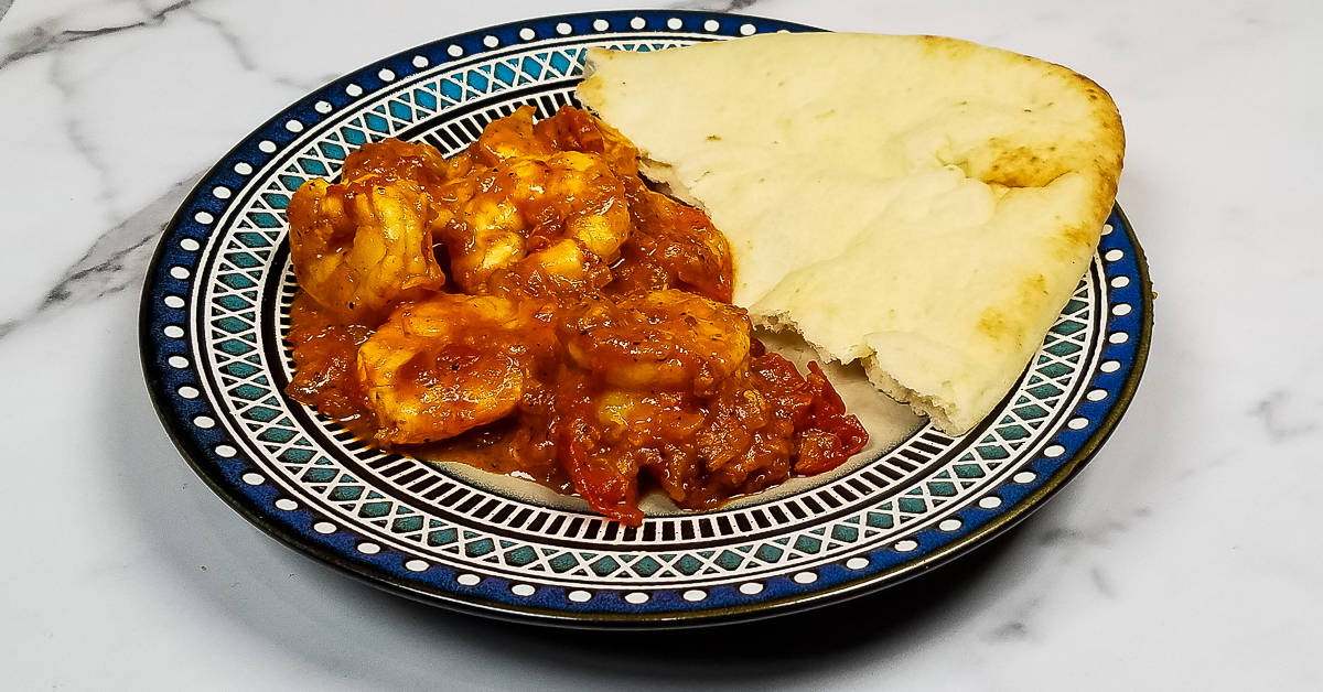 Spicy Shrimp with Tomatoes served with naan