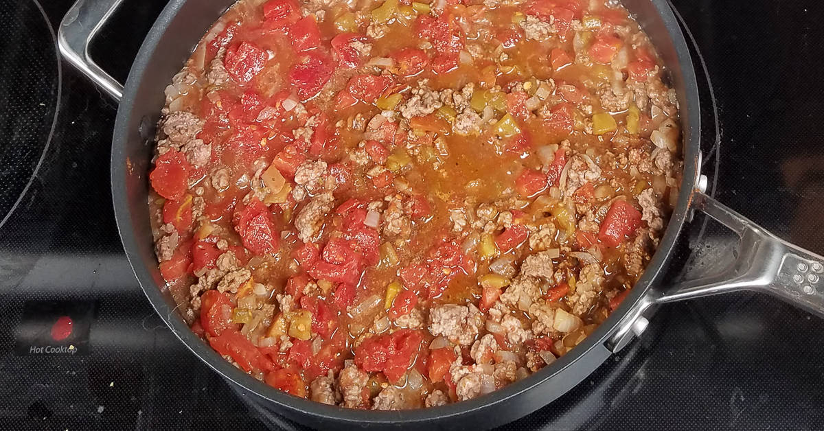Tex Mex Casserole cooking beef and tomatoes