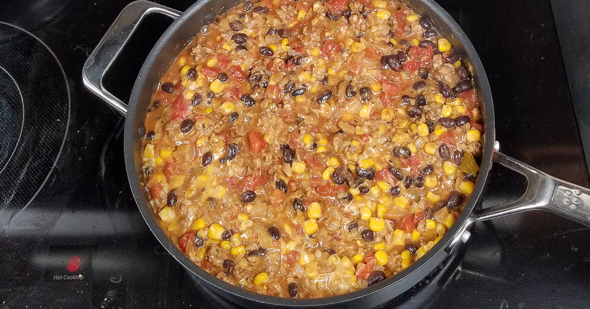 Tex Mex Casserole cooking beef and vegetables