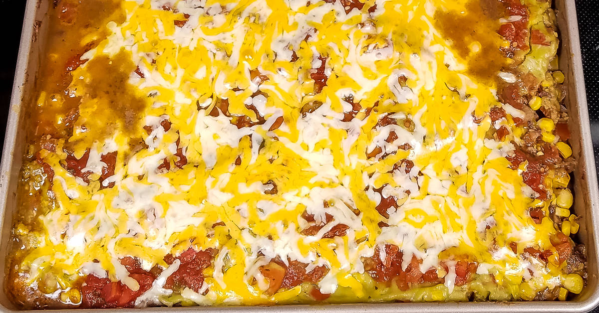 Layered Tex Mex Casserole out of the oven