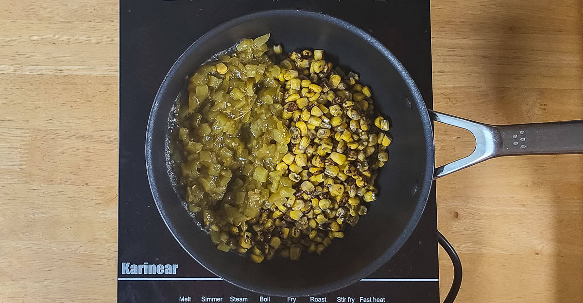 Hatch Chile Corn corn and chiles in the pan