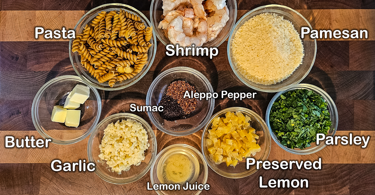 Middle Eastern Flavored Shrimp and Pasta ingredients