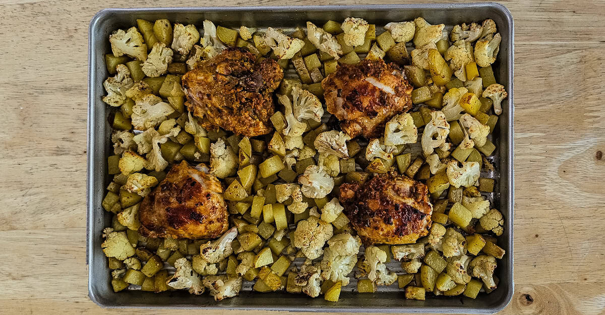 Sheet Pan Chicken Vindaloo pan out of the oven