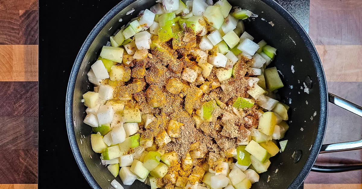 Turnip and Apple Soup spices added to the pan