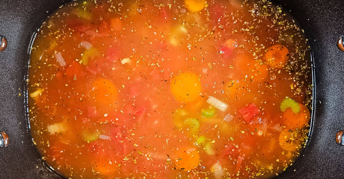 Ninja PossibleCooker Minestrone Soup stock added to the pot