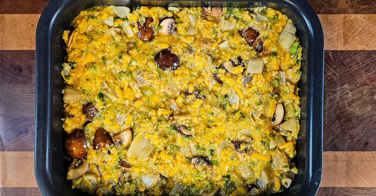 Egg Casserole With Artichokes and Mushroom everything in the baking pan