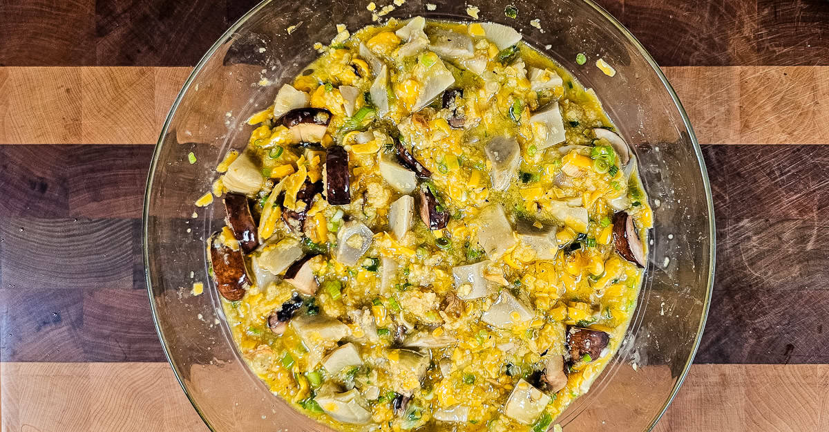 Egg Casserole With Artichokes and Mushroom everything mixed together