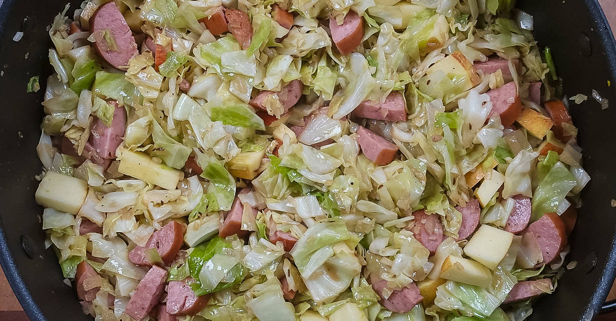 Kielbasa, Cabbage, and Apple Skillet Dinner cooked and ready to serve