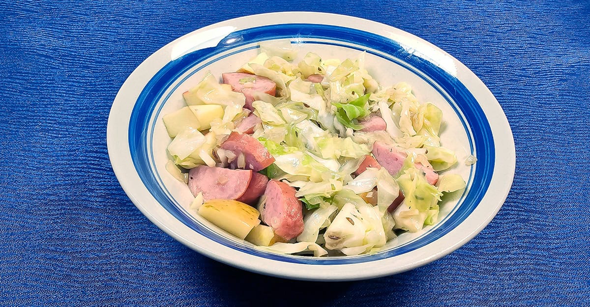 Kielbasa, Cabbage, and Apple Skillet Dinner plated 2